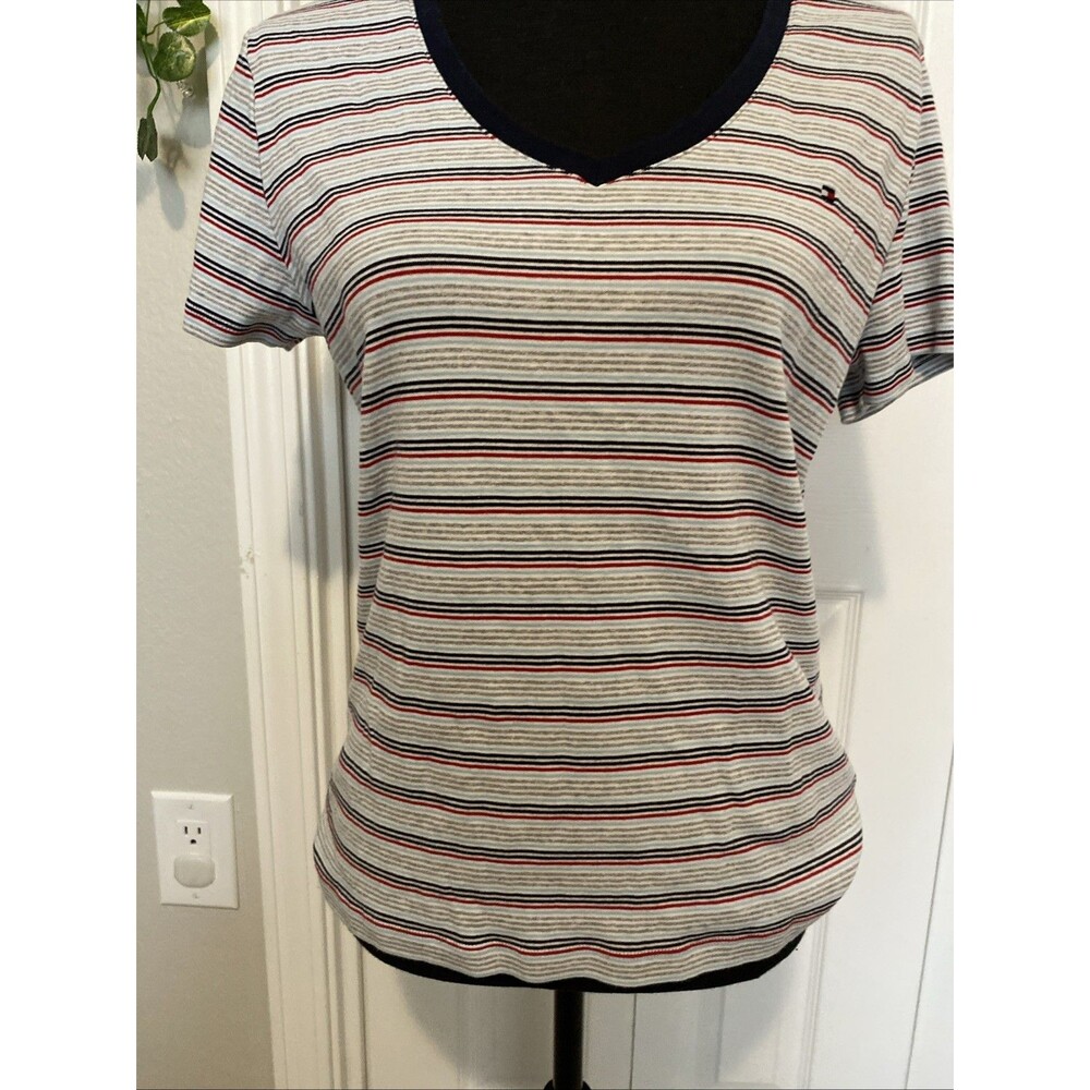 Tommy Hilfiger Fitted Navy, White, and Red Striped V-Neck Women’s Tee Size Large